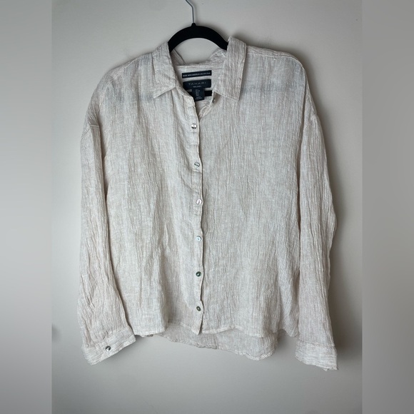 TAHARI 100% Linen Shirt Womens Large Beige Cream Natural European Flax Button Up - Picture 1 of 9